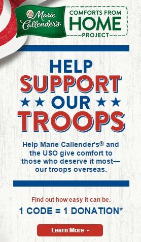 Help Support Marie Callender's Comforts from Home project for the Armed Forces.  Every time you enter a code from a specially marked package of Marie Callender's meals or desserts, Marie Callender's will make a donation to USO2GO, a USO program that brings electronics, sports gear, books, games, and more to troops stationed in remote locations.  | The TipToe Fairy #ComfortsFromHome