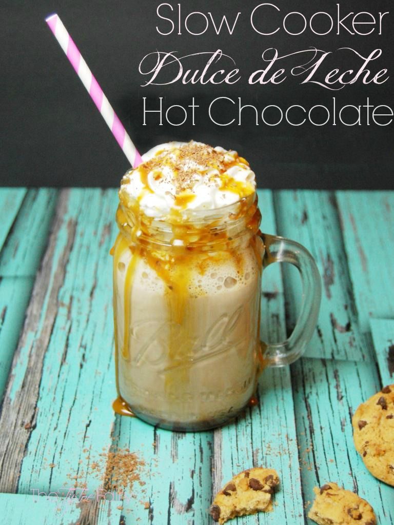 Hot Beverages in the slow cooker.  Slow Cooker Dulce de Leche Hot Chocolate | The TipToe Fairy #slowcookermeals #hotchocolate #drinkrecipes #slowcookerrecipes 